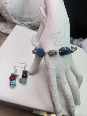 earrings and a matching bracelet set featuring turquoise, red, and blue gemstone